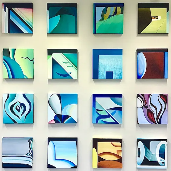 Intertwined Realities — grid of sixteen square oil paintings of window reflections