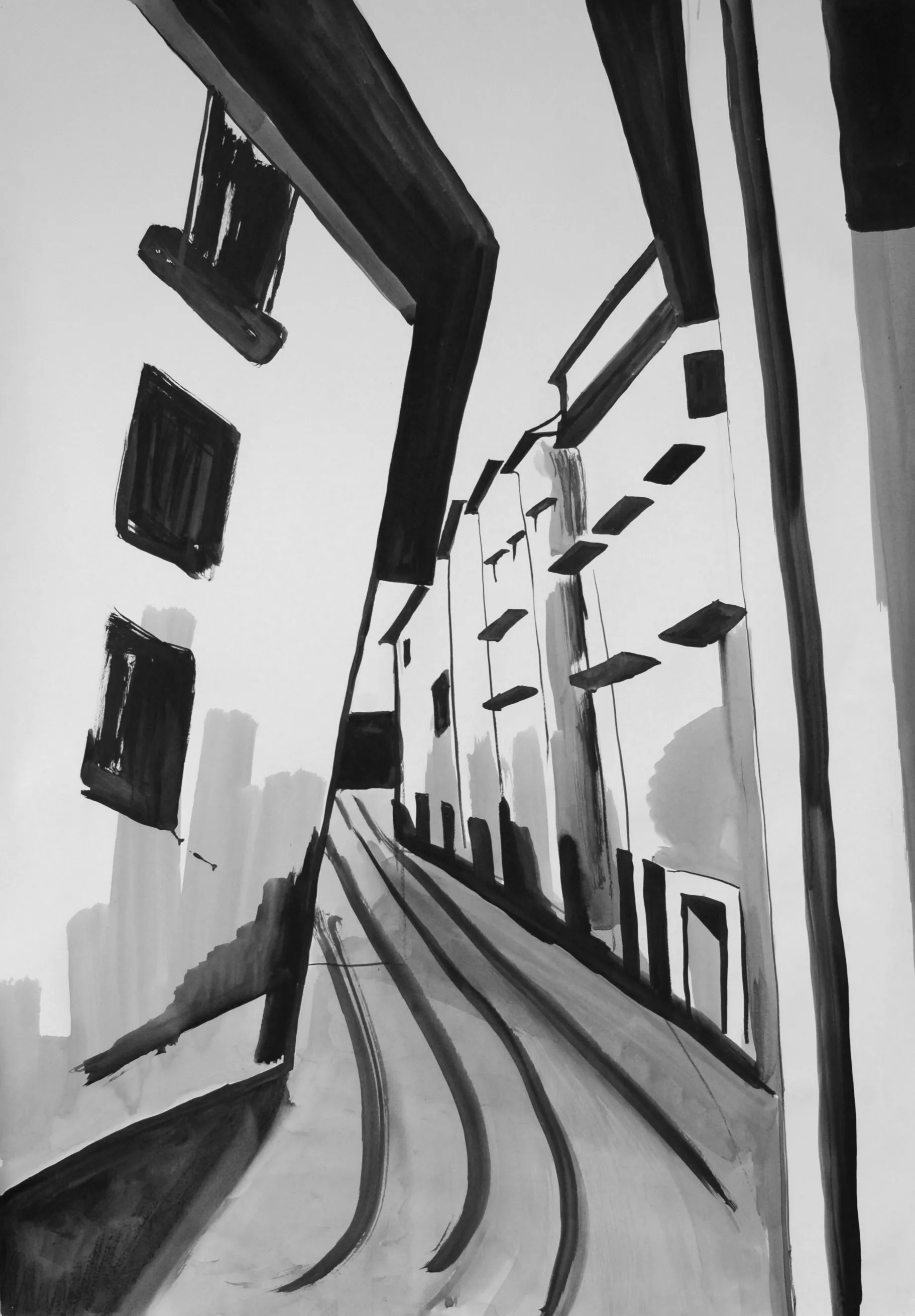 Street view. ink on paper, 100x70 cm